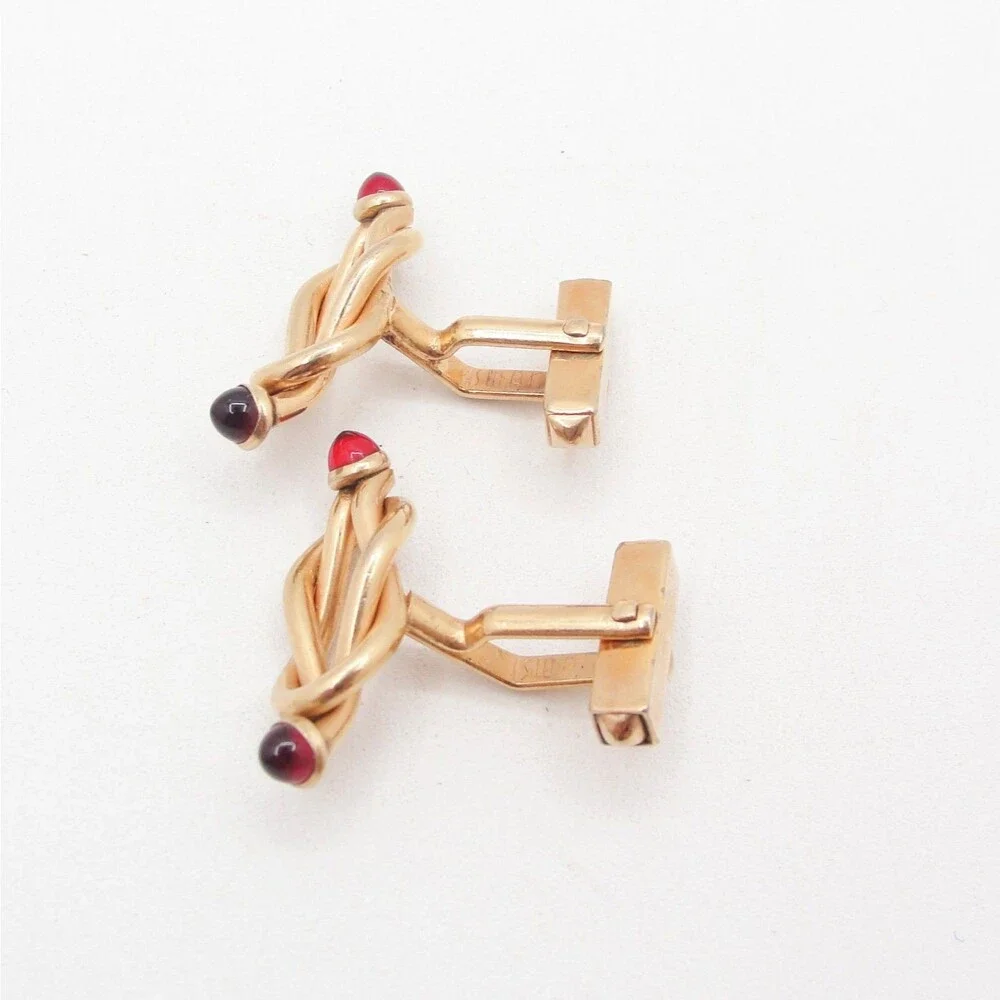 Vintage SWANK Infinity Eternity Love Knot Cufflinks Red Glass Cabochon Art Deco
